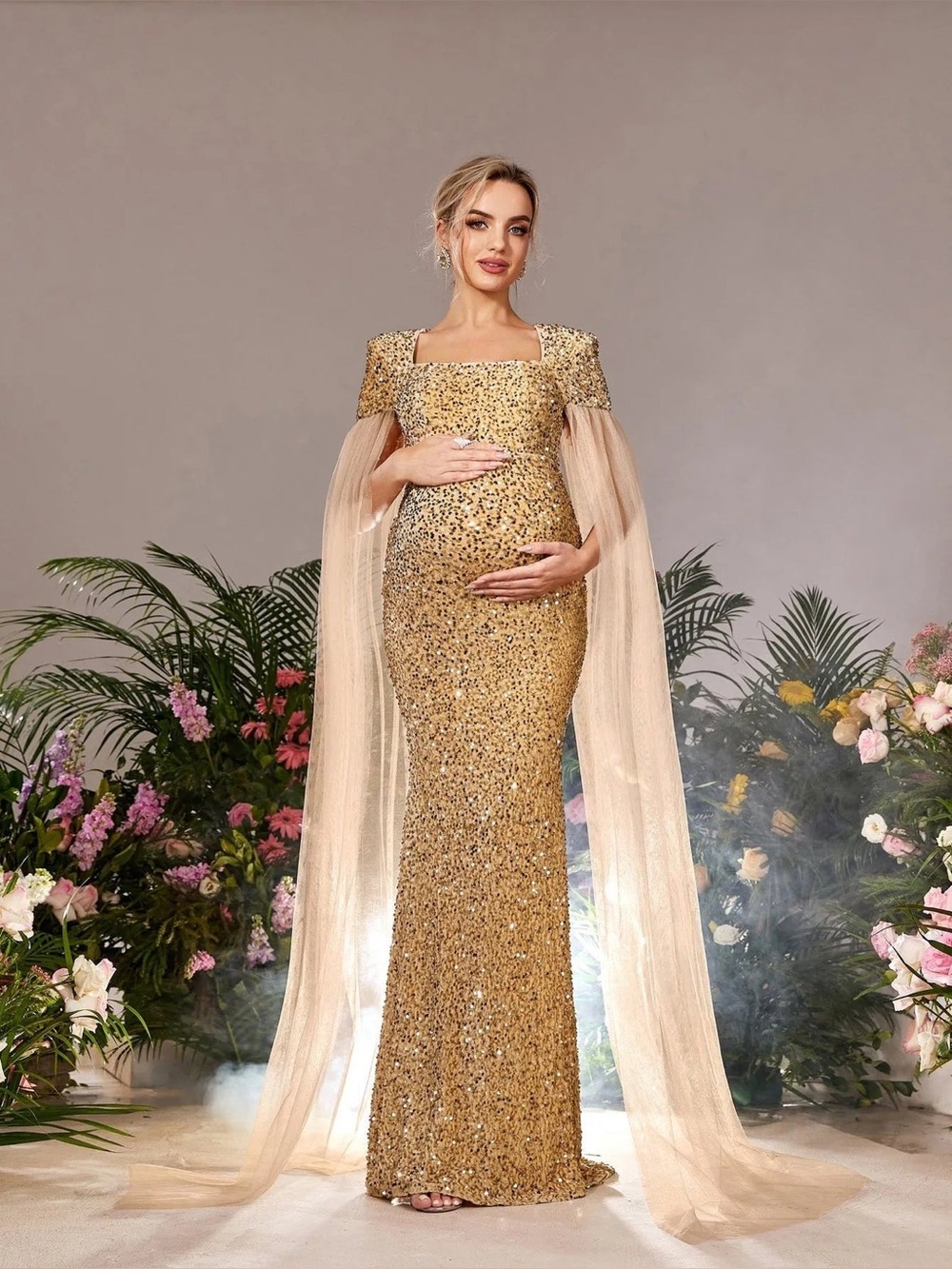 Faeriesty Maternity Square Neck Cape Sleeves Mermaid Hem Sequin Evening Dress